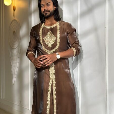 Tilla Dozi Silk Kurta for Him ( Brown)