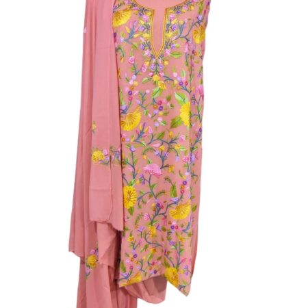 Nun Chai Three Piece Unstitched Suit in Pure Crepe with Kashida Kari