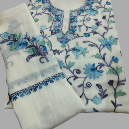 White Two Piece Georgette Unstitched Suit with Jaal Kashida Shirt and Kashida Kari Dupatta