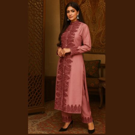 Nun Chai Pink Silk Jacket Set with Aari Embroidery