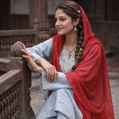 Rangrez | Powder Blue Tilla Dozi Pheran Set with Crimson Tassel Dupatta